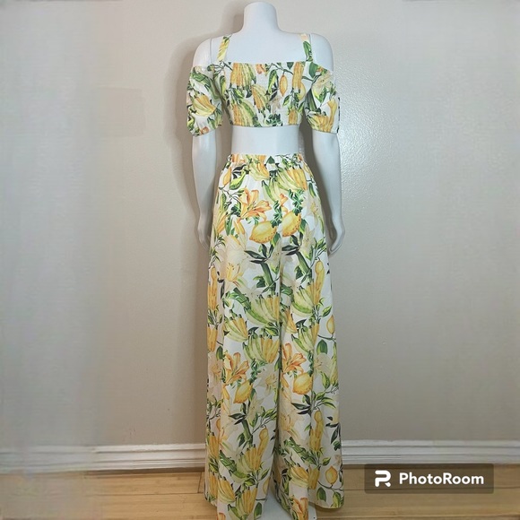 Yellow green cold shoulder smocked top high waisted wide leg pants set - Picture 2 of 12